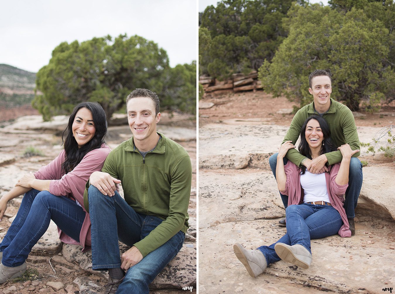 Couple sitting and laughing in the desert of the Colorado National Monument