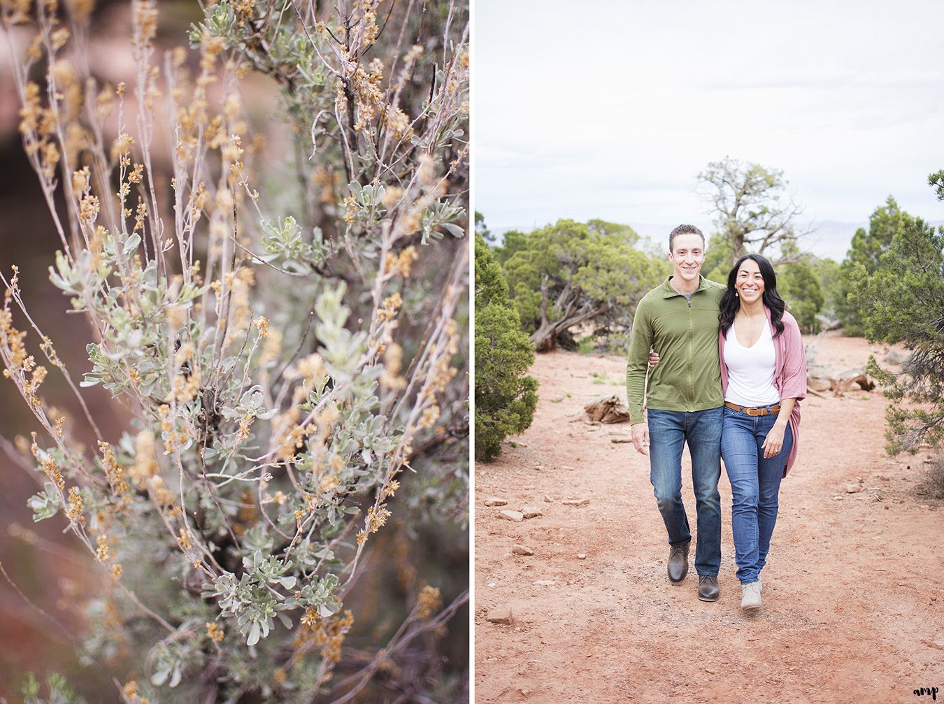 Couple walking during their desert engagement photos