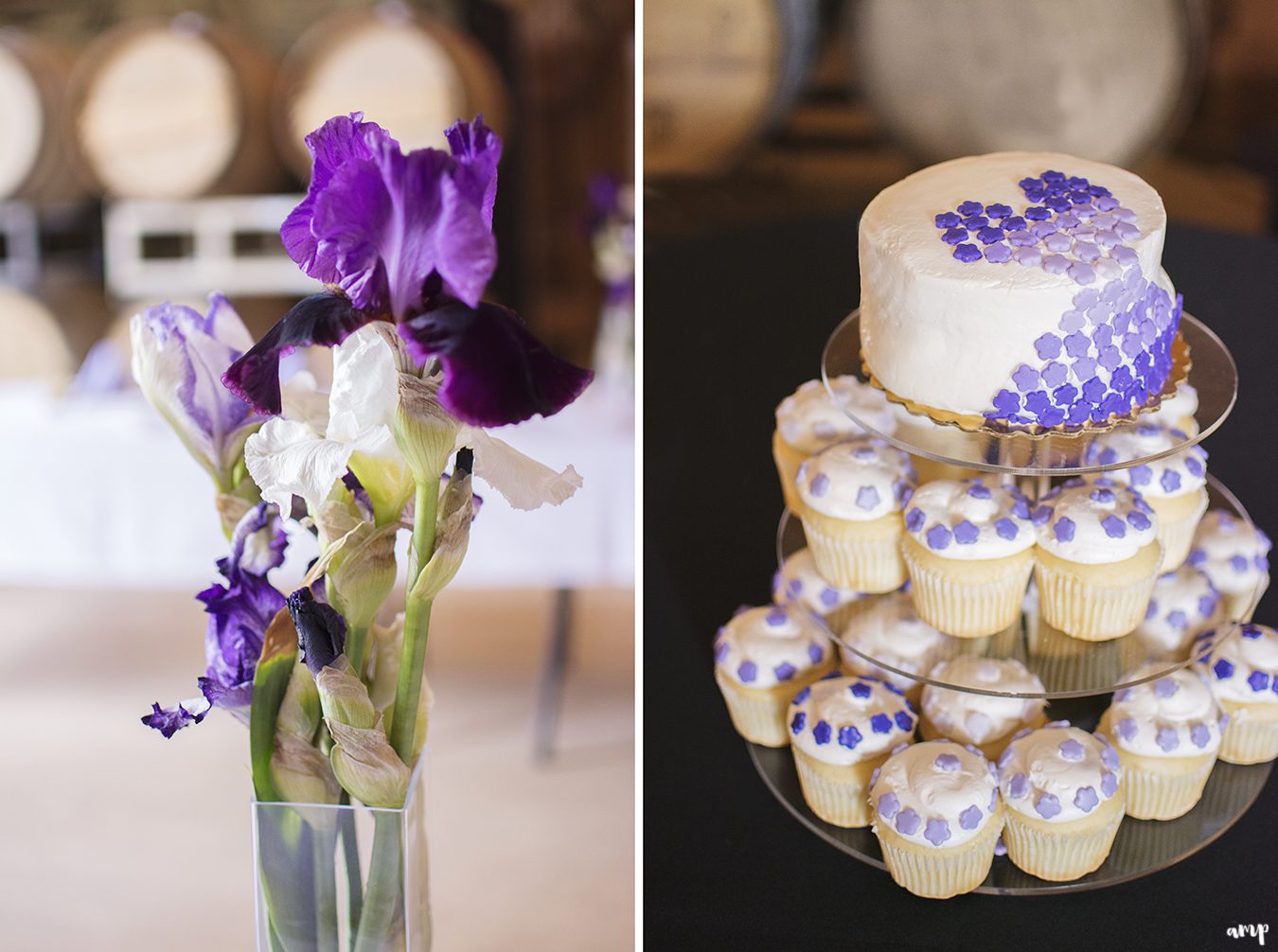 Purple irises and wedding cake with cupcakes