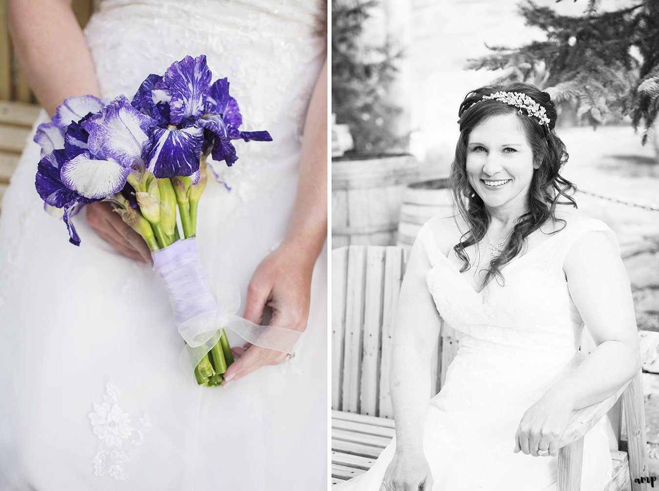 Black and white photo of Bride and photo of her purple irises bouquet