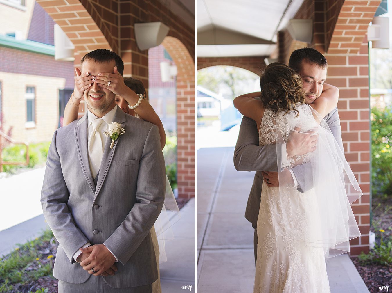 Bride & groom's first look in church courtyard