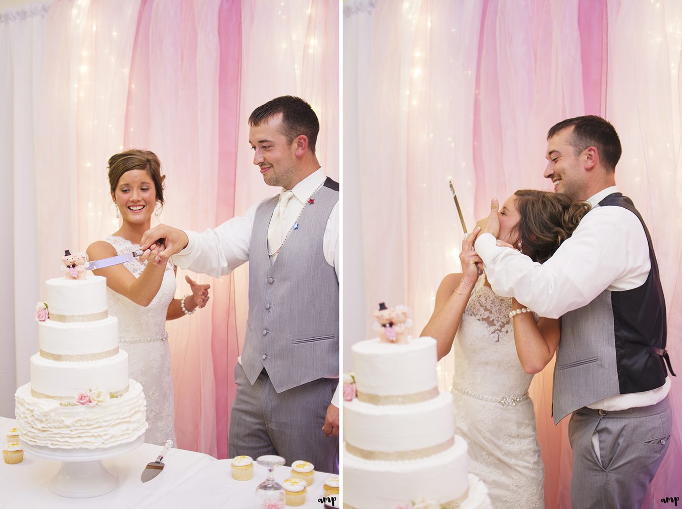 Bride and groom cutting the wedding cake