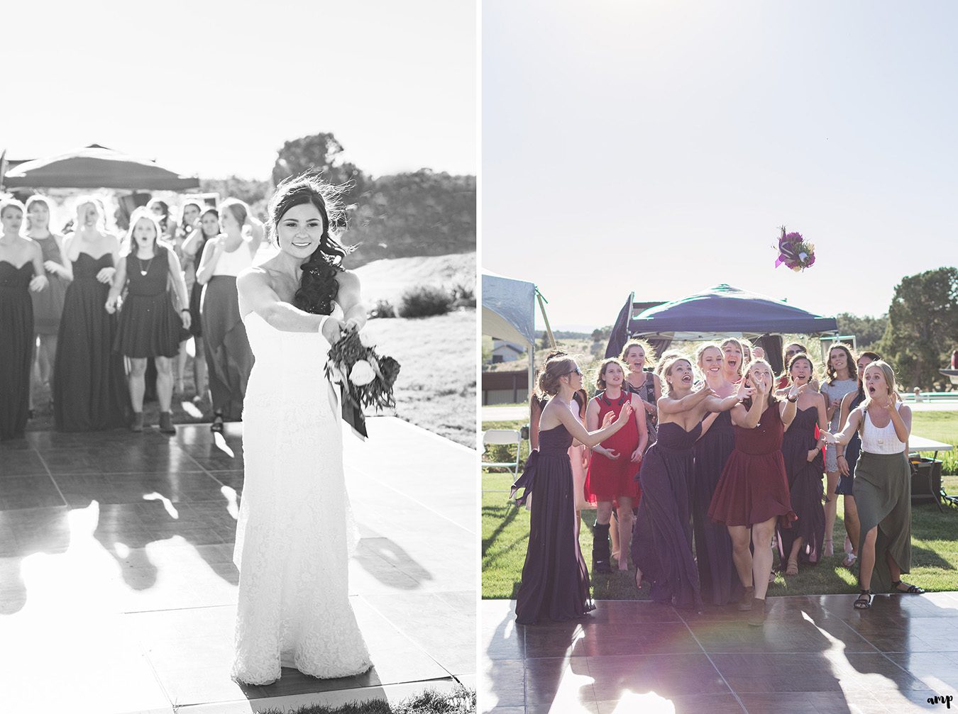 Bouquet toss with bride and girls