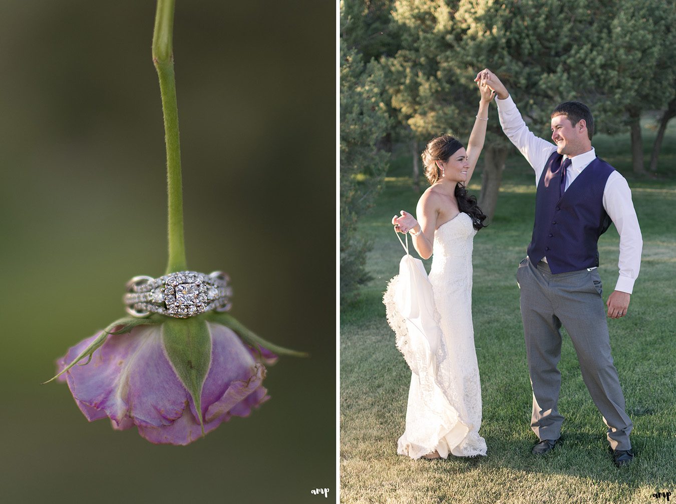 Ring shot on flower and Bride and Groom dancing at sunset