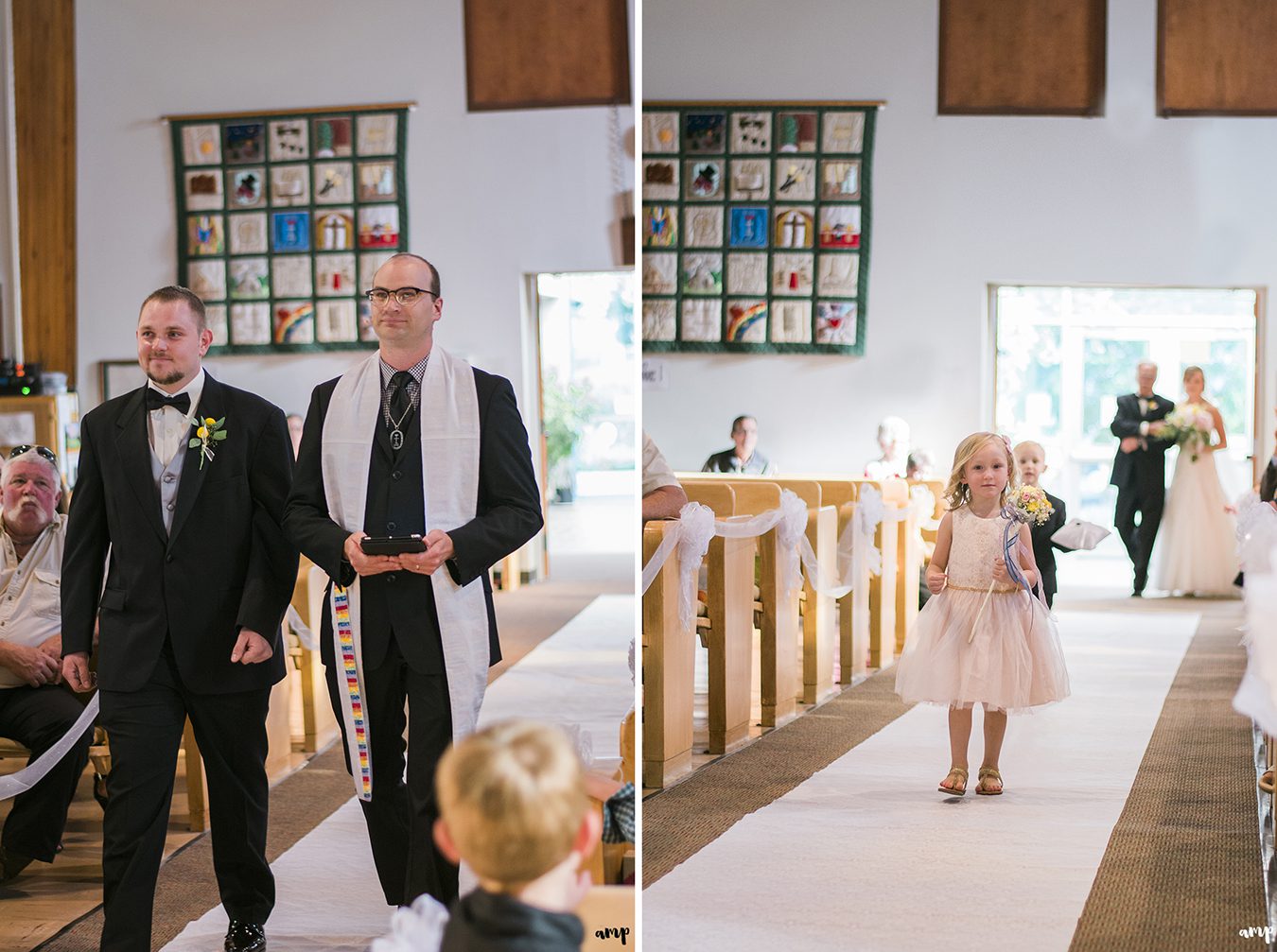 Groom and flower girl walk down the aisle