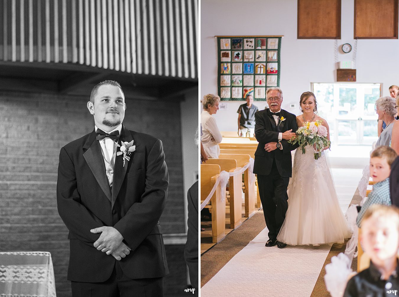 Bride walking down the aisle and groom's reaction