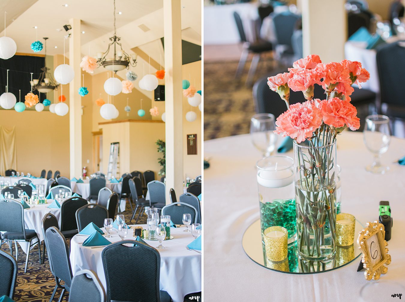 Teal, coral and gold wedding