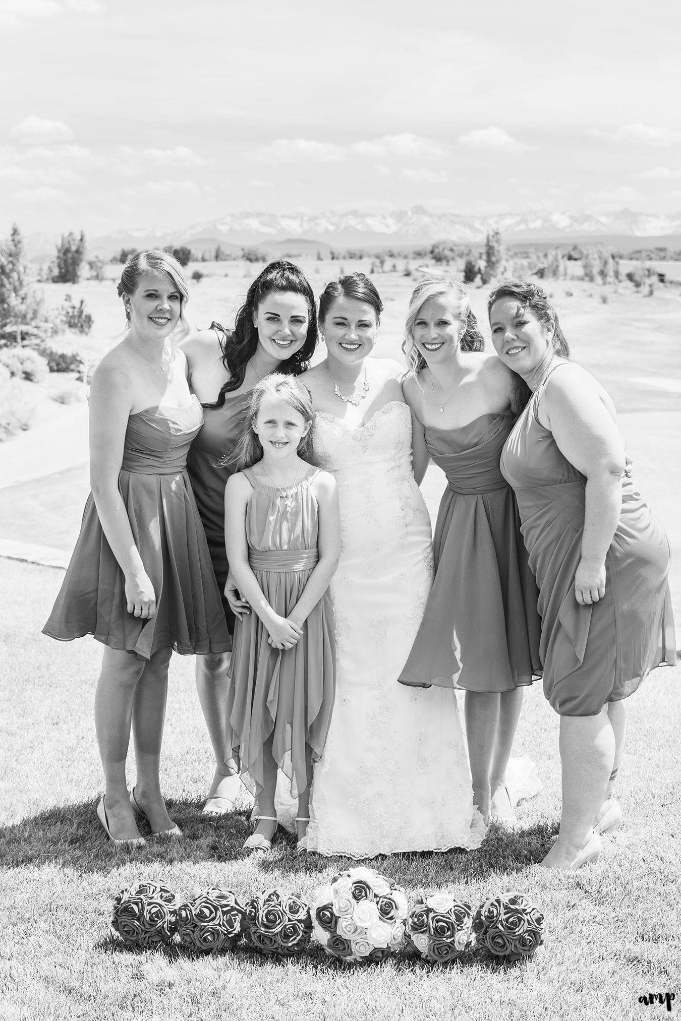 Bridesmaids with mountains in background
