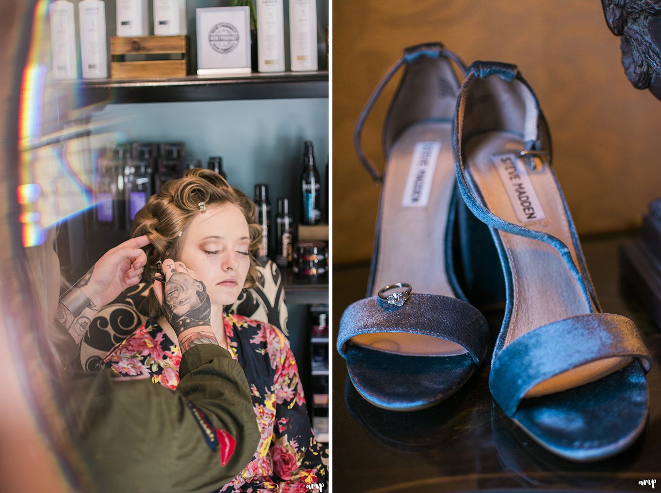 Bride getting ready with her Something Blue shoes