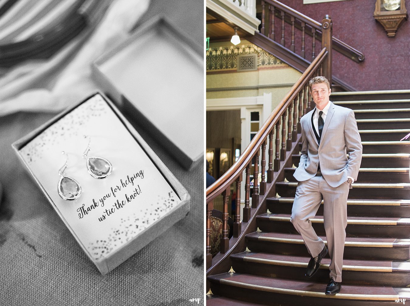 Groom walking down historic hotel staircase