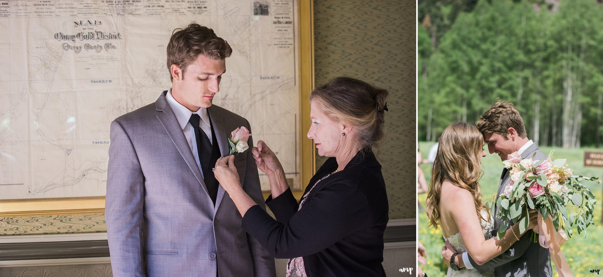 Mom pinning the boutonniere on the groom