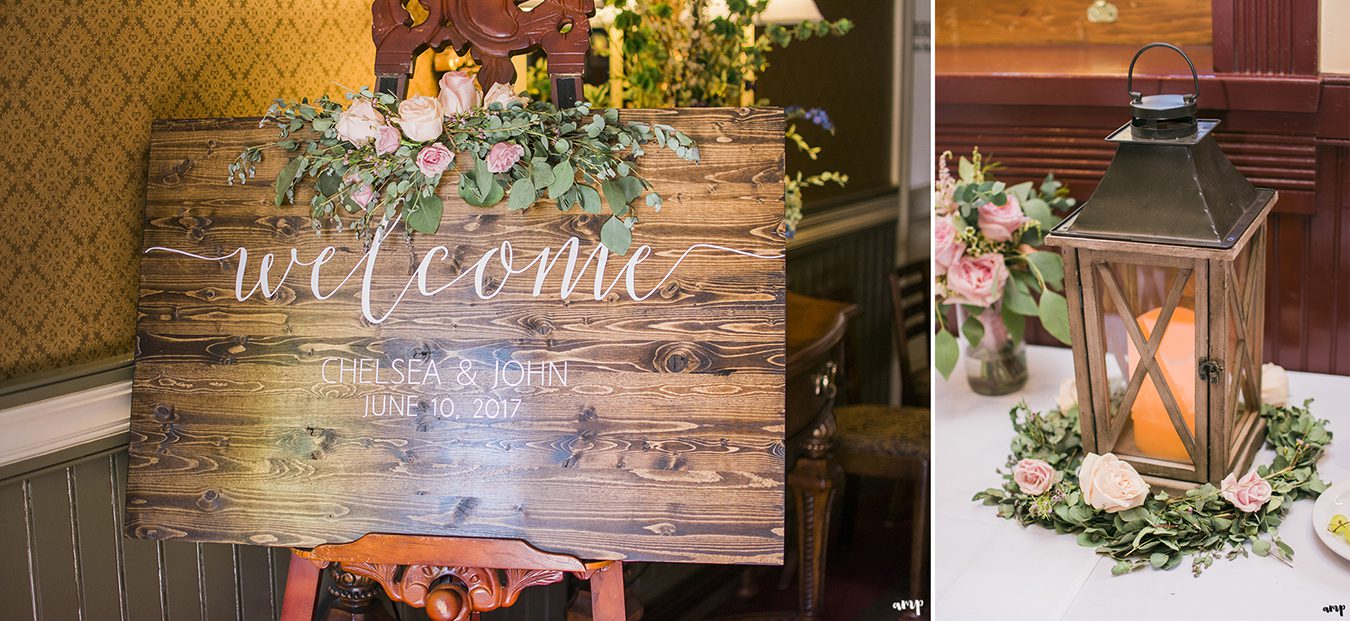Wooden welcome sign and large lantern decor
