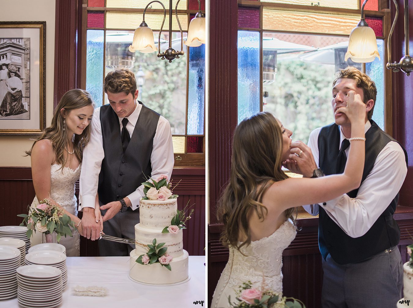 Bride and groom cutting the cake