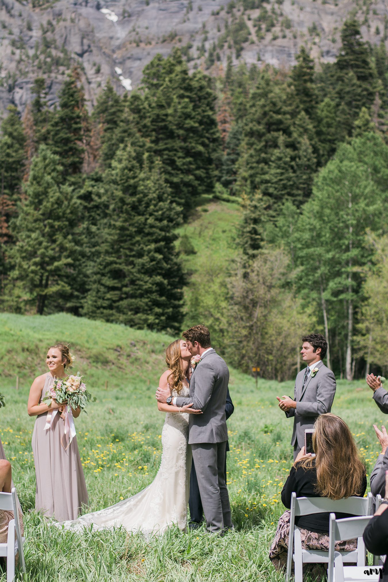 Bride and Groom's first kiss at the Ouray Amphitheater