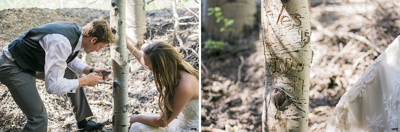 Bride and groom carve I Do into an aspen tree