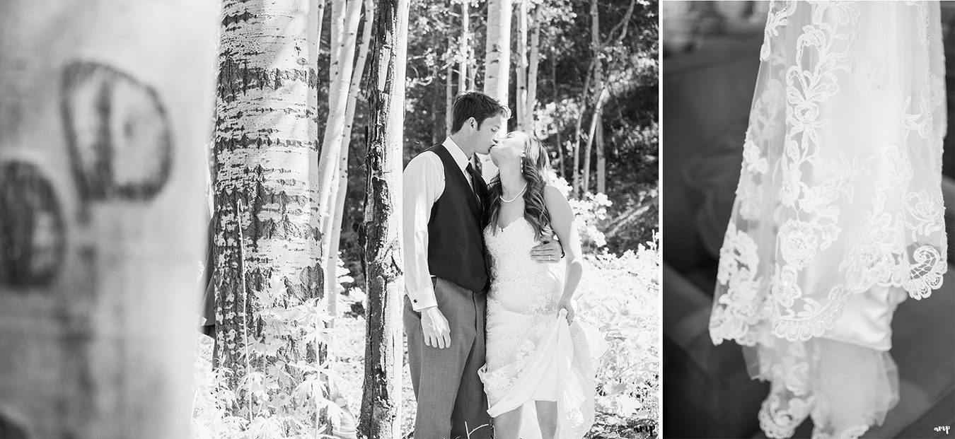 Bride and groom kiss in an aspen grove