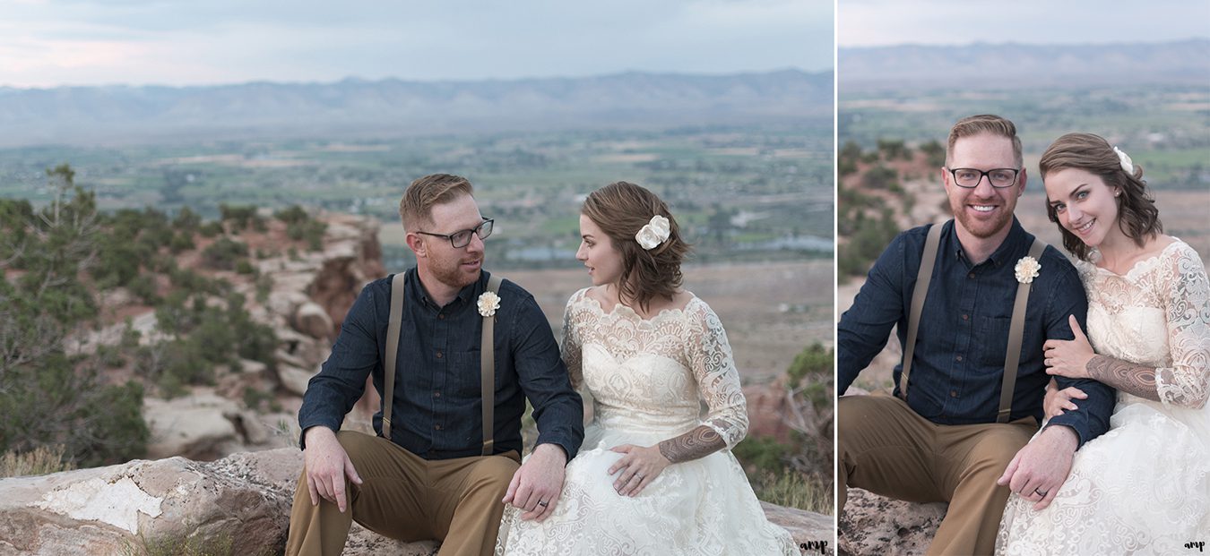 Bride and groom overlooking the bookcliffs at sunset