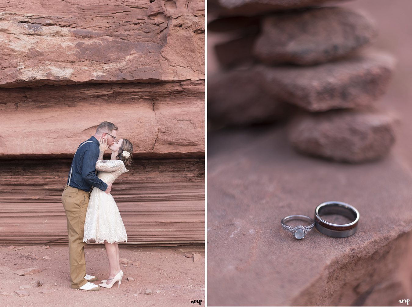 Bride and groom with their rings and the red rocks
