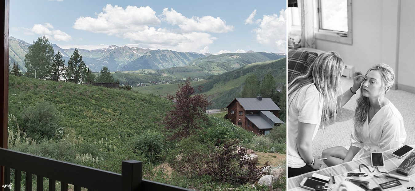 Bride getting ready with Crested Butte in the distance