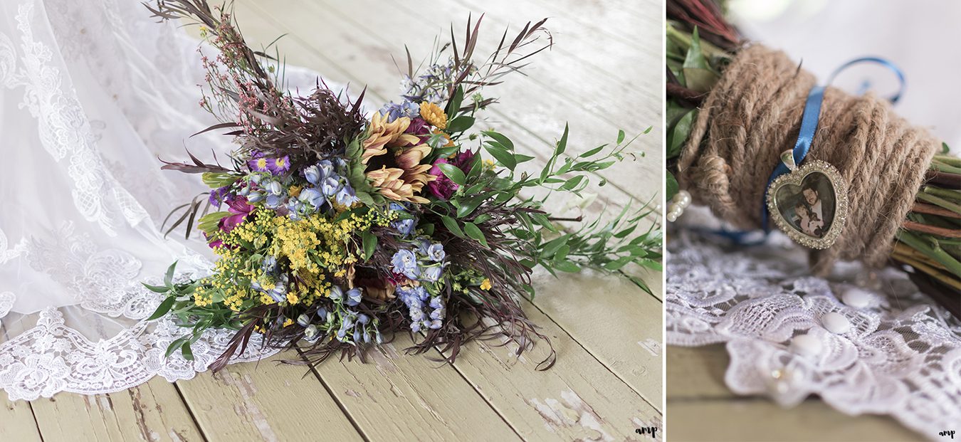 Cascading wildflower bouquet with father pendant