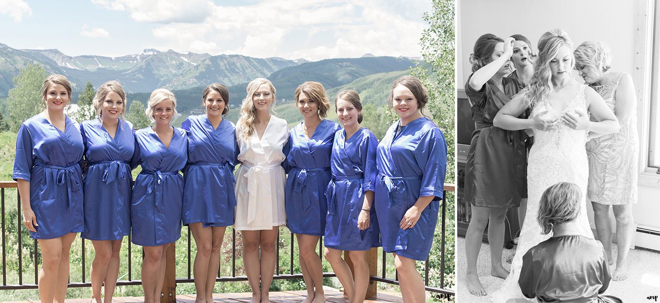 Bridesmaids in blue robes helping bride get ready