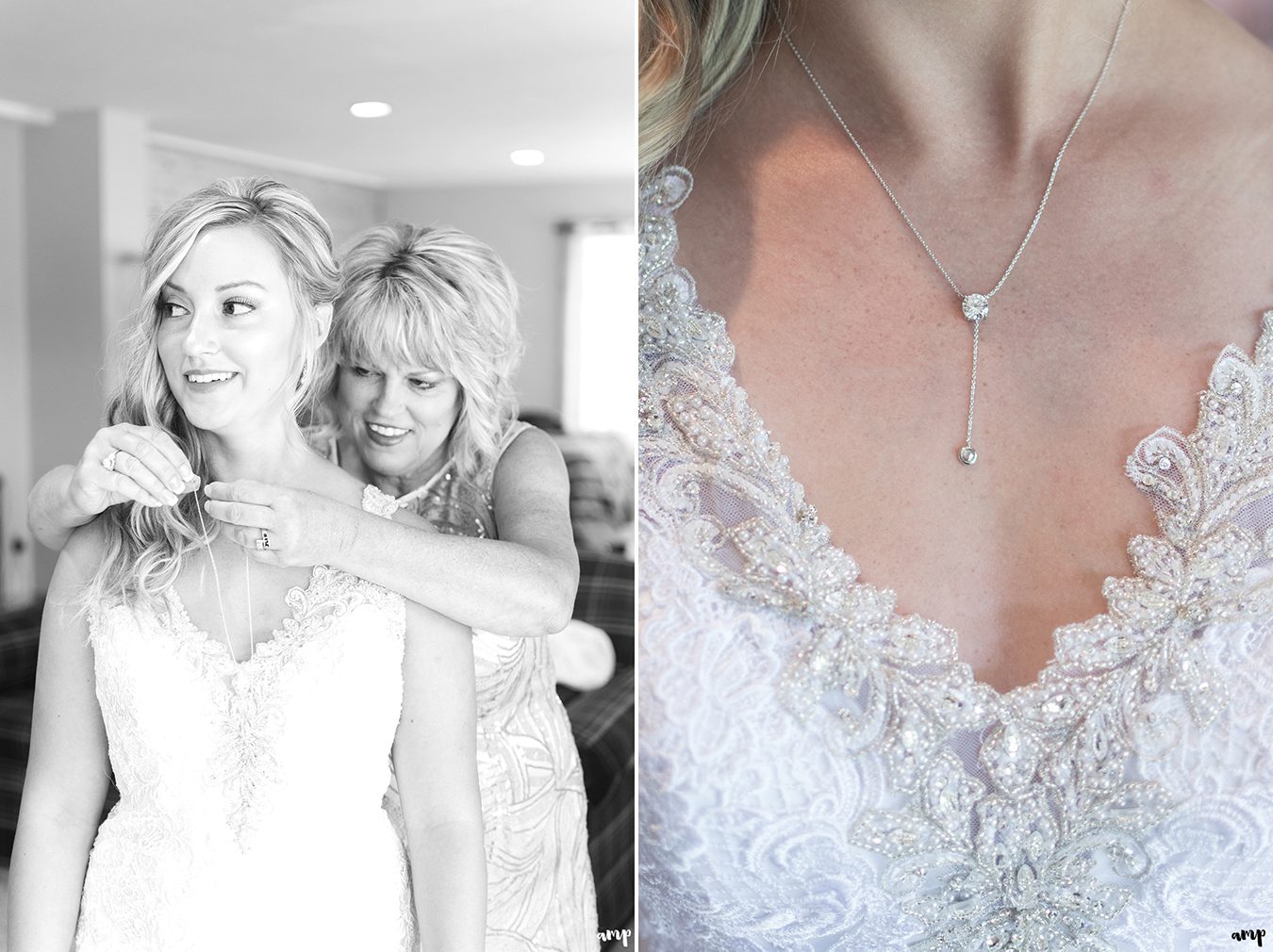 Bride's mother putting the bride's necklace on her