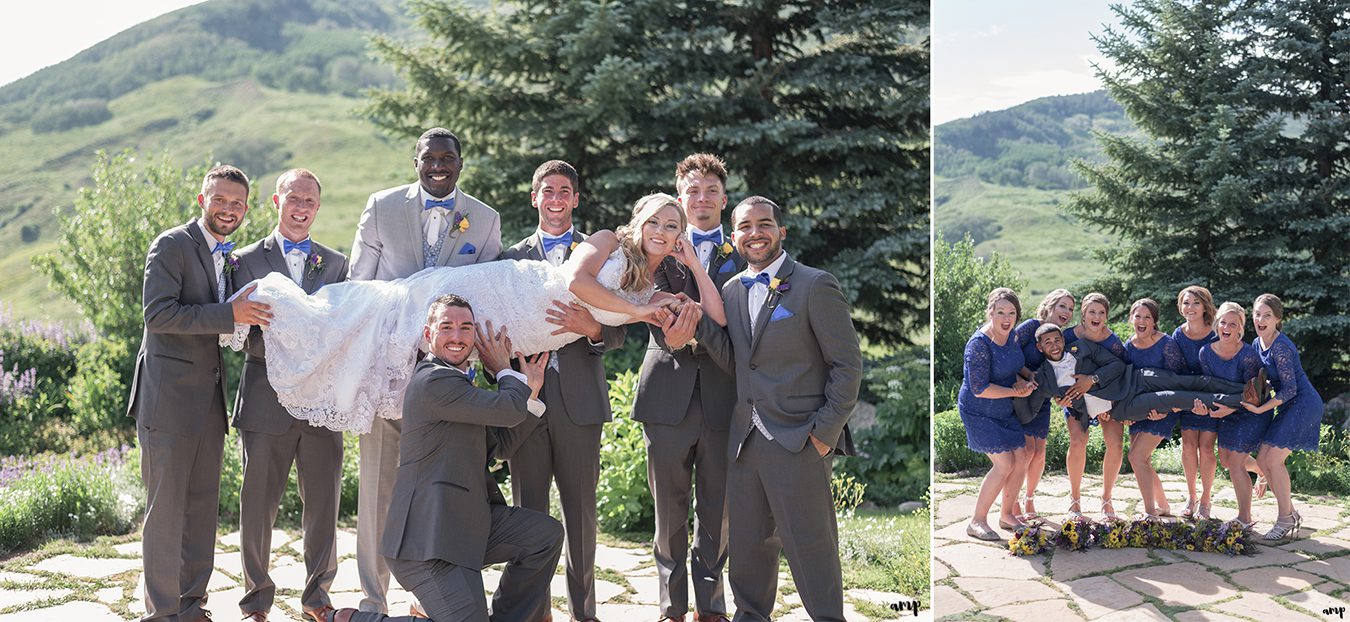 Bridal party having fun in the garden