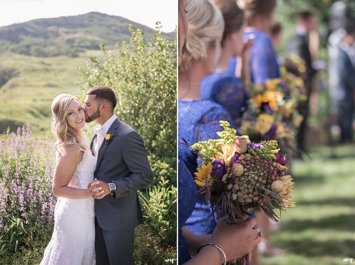 Bride and groom kiss in the Crested Butte Mountain Wedding Garden among the wildflowers