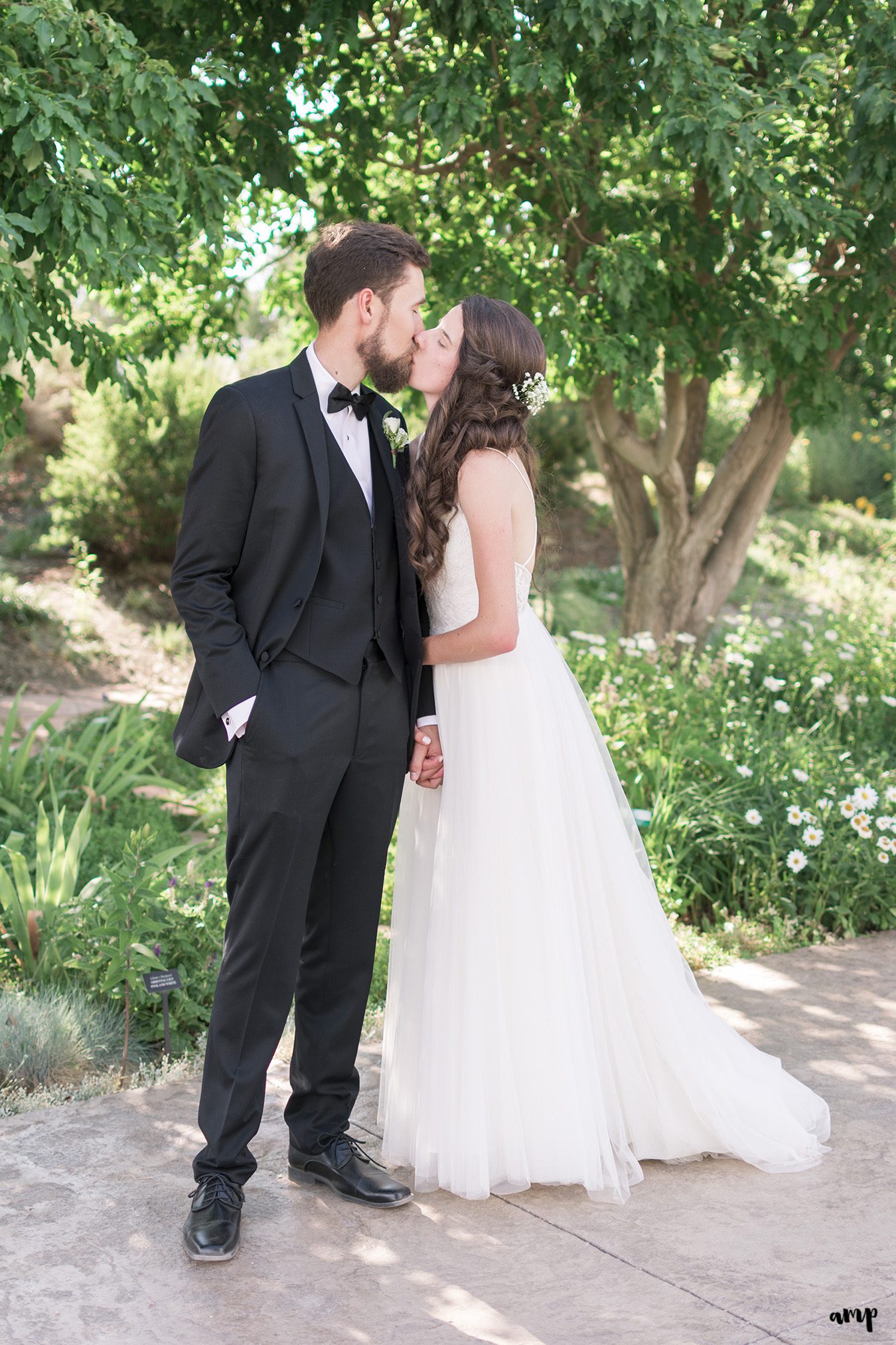 Bride and groom kissing in the Montrose Botanic Garden