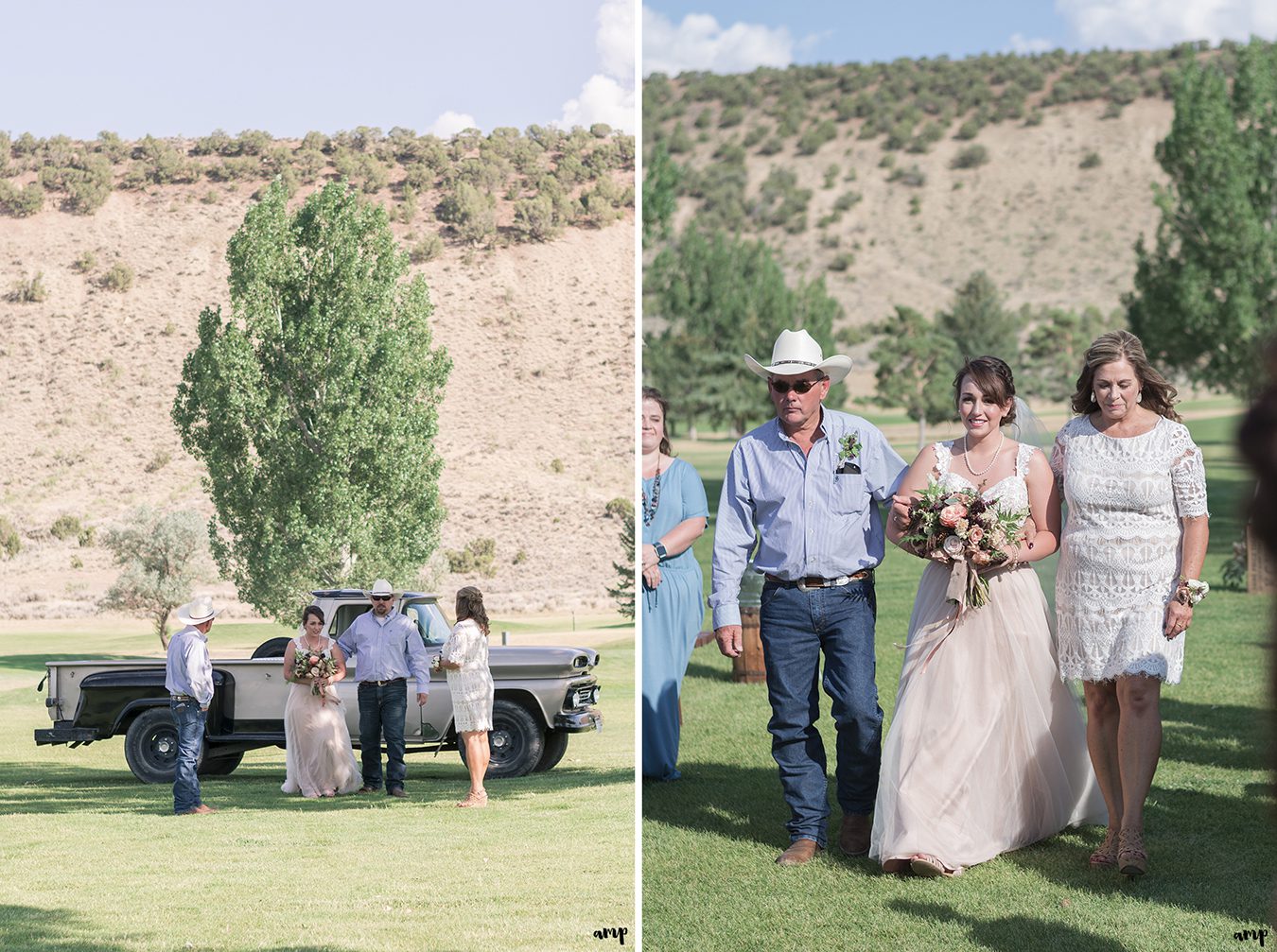 Bride walks down the aisle in her vintage wedding