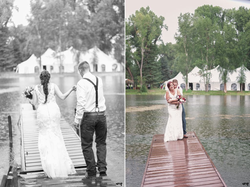 Bride and groom on the pond along Ohio Creek