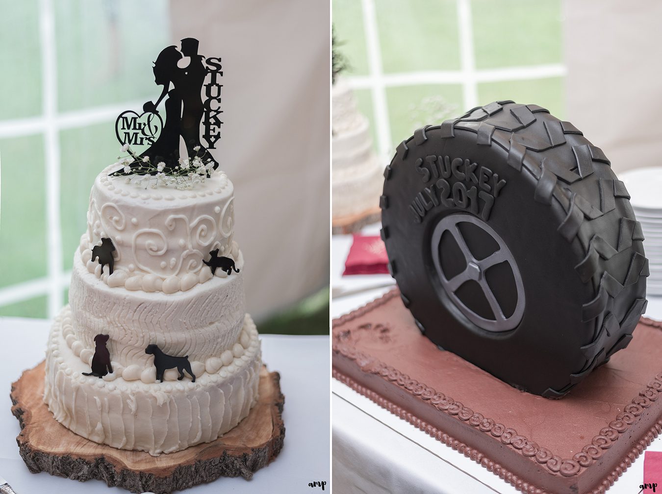 Wedding cake and groom's cake shaped like a tire