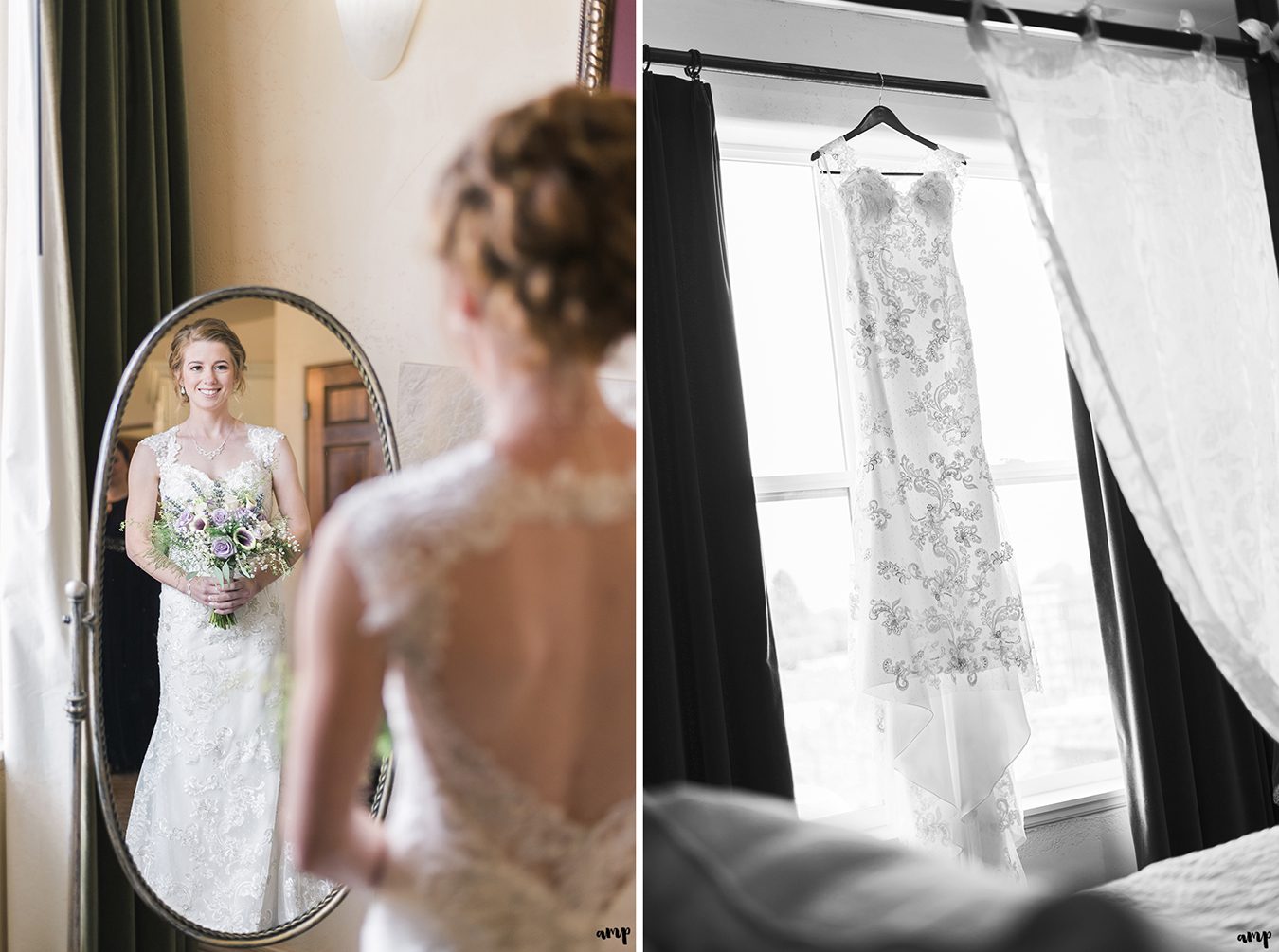 Bride looking in the mirror as she gets ready