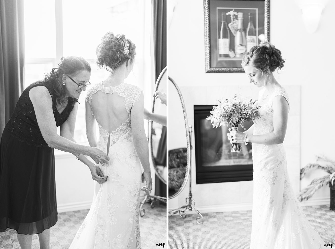 Bride's mom zipping up her Casablanca wedding dress