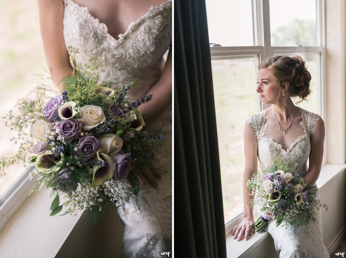 Bride looking out the window into the winery