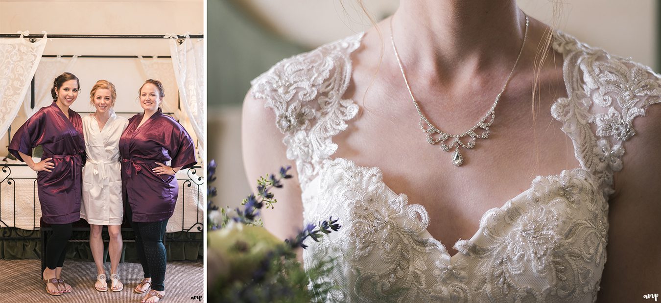 Bridal necklace and bridesmaids getting ready