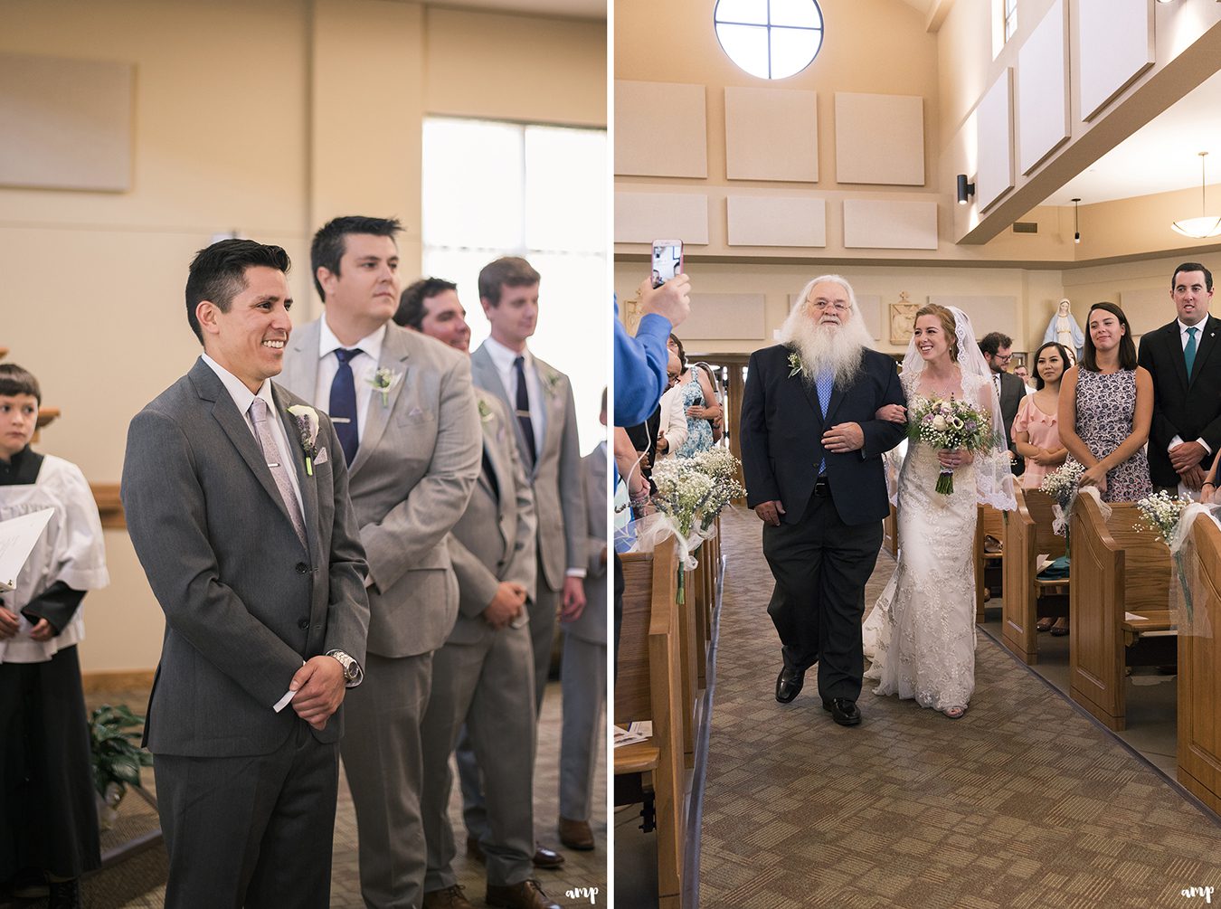 Bride coming down the aisle at Sacred Heart Catholic Church in Fruita