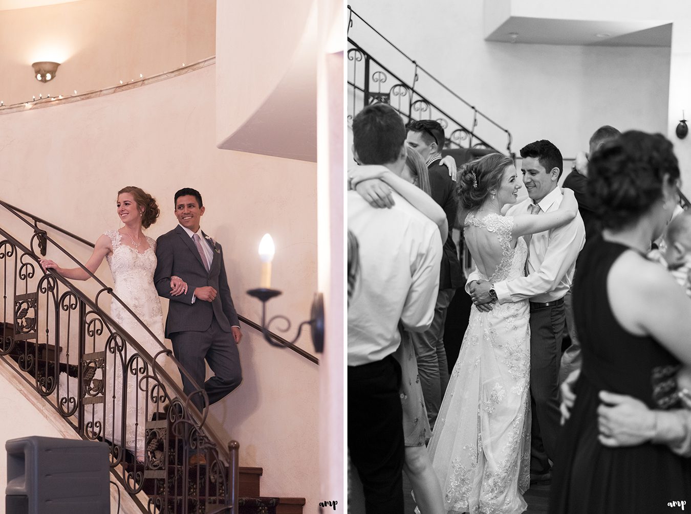 Bride and groom's grand entrance down the staircase