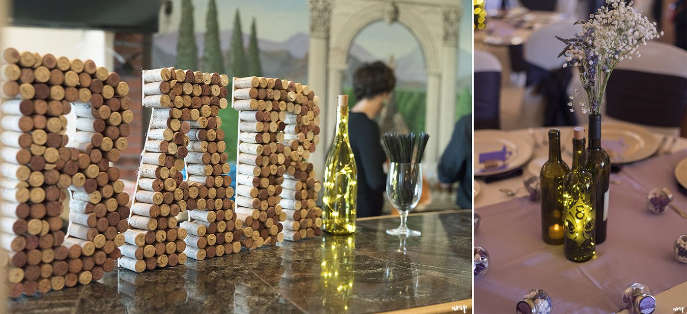 Bar sign made from wine corks and Table numbers on wine bottles