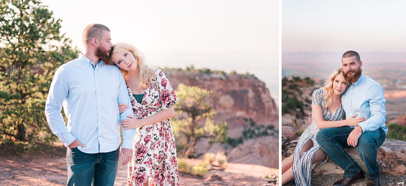 Engaged couple cuddling for their engagement session on the Colorado National Monument