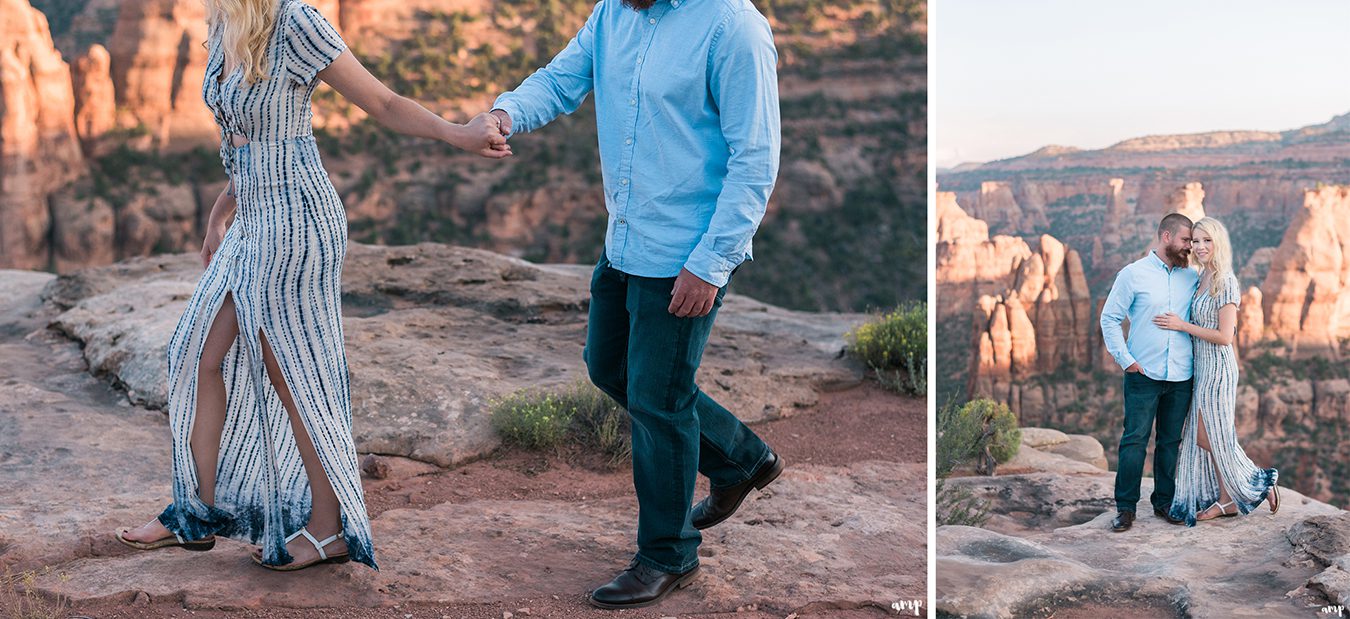 Adventure couple hiking for their engagement session on the Colorado National Monument