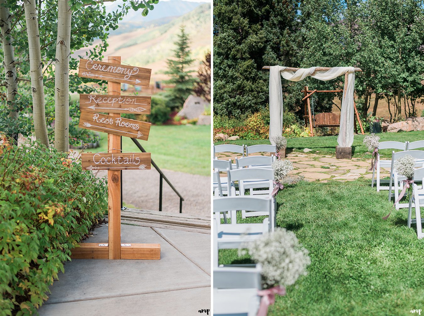 Welcome signs and ceremony space at the Mountain Wedding Garden