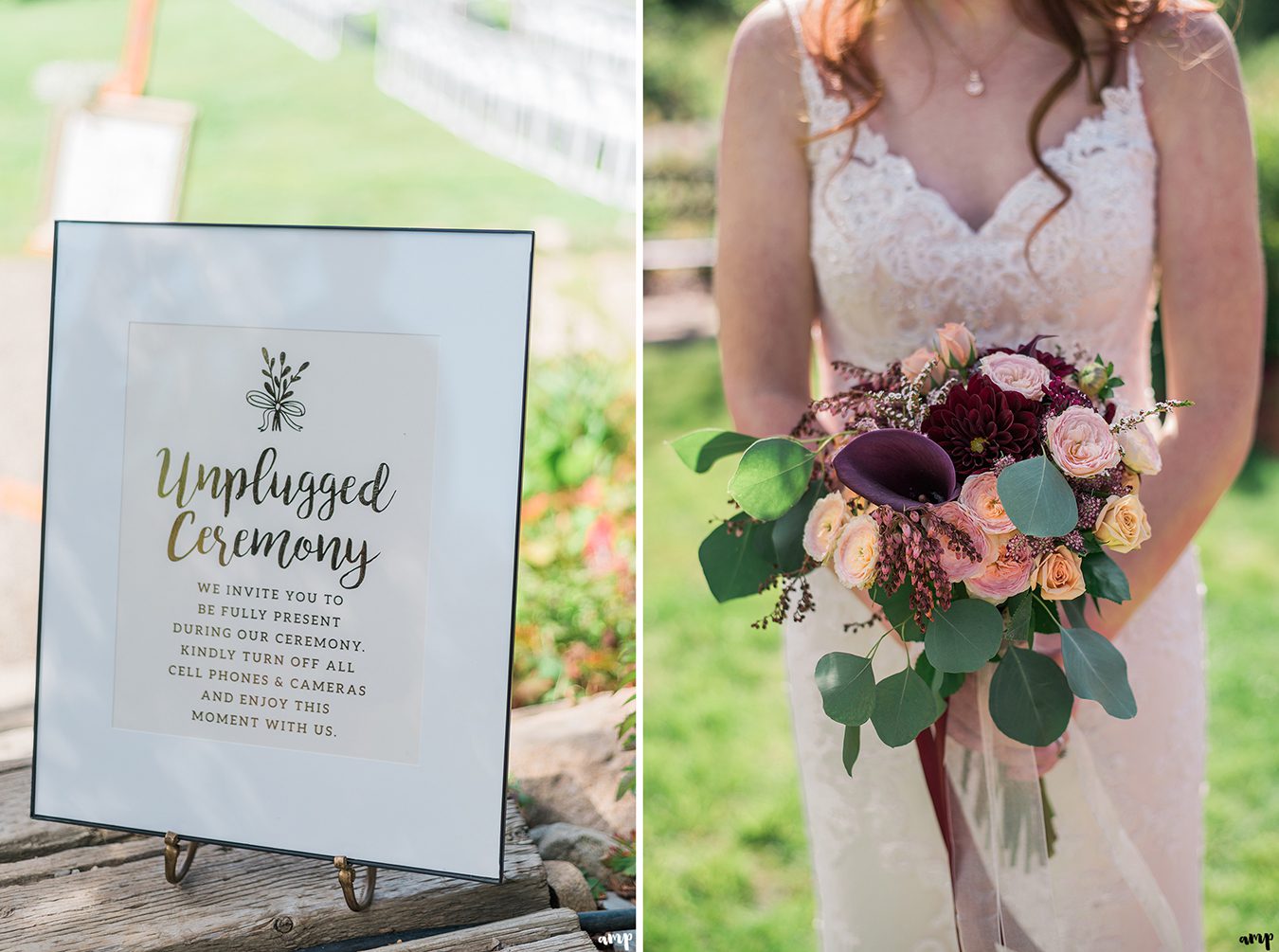 Unplugged Ceremony sign idea & bride's fall bouquet