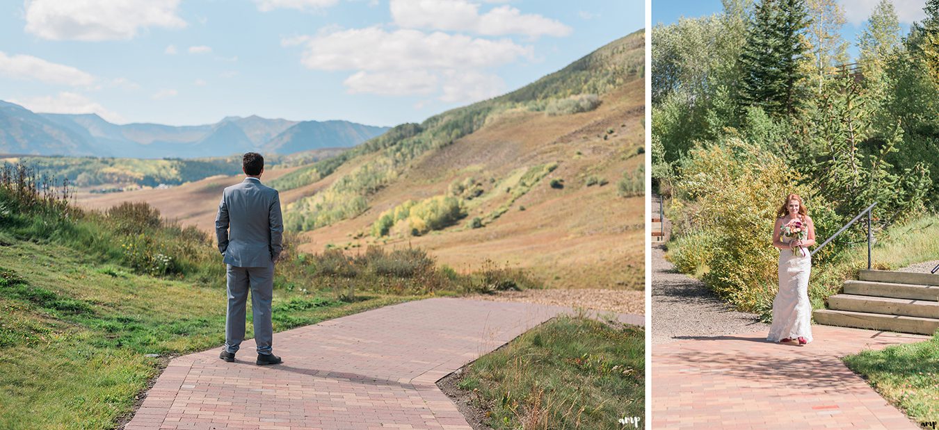 Bride and groom's first look at the Crested Butte Mountain Wedding Garden