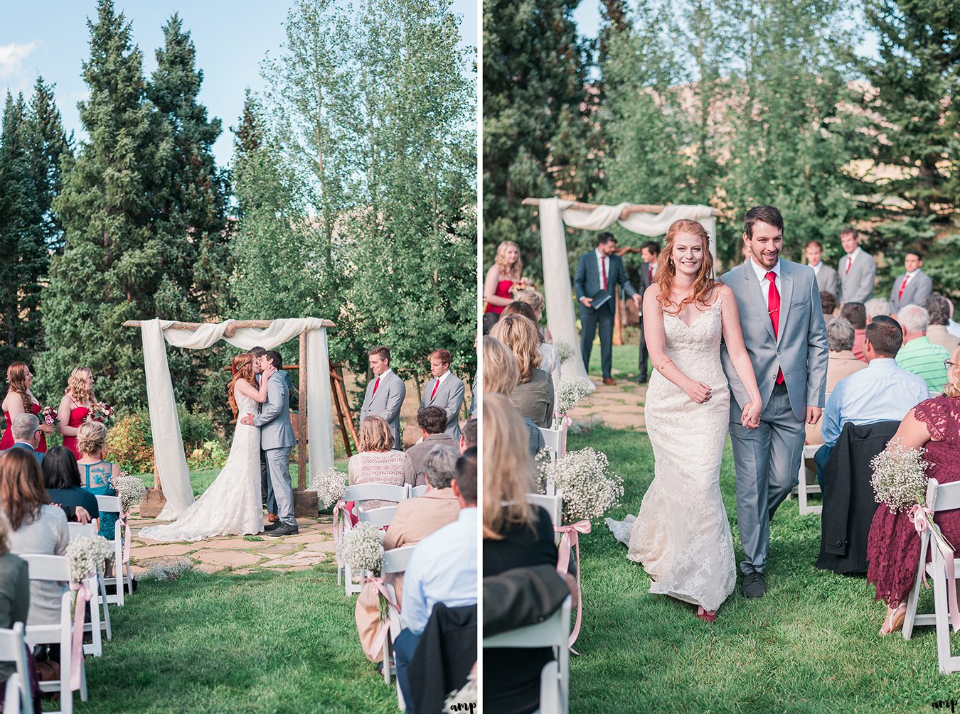 First kiss and bride and groom's exit at the wedding ceremony in the Mountain Wedding Garden