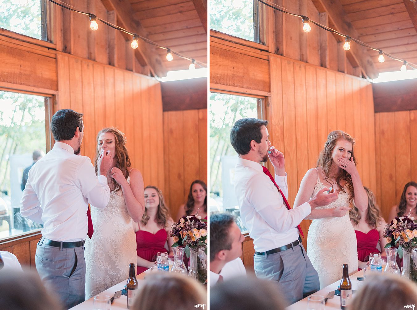 Bride and groom split a donut at their wedding reception at the mountain wedding garden in crested butte