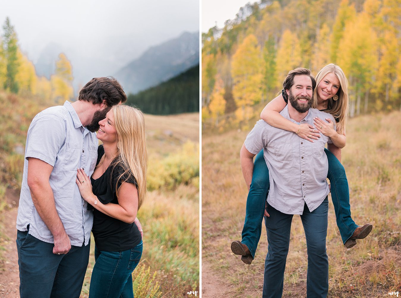 Autumn engagement photos with the yellow aspen trees at Piney River Ranch