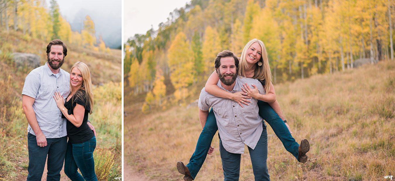 Autumn engagement photos with the yellow aspen trees at Piney River Ranch