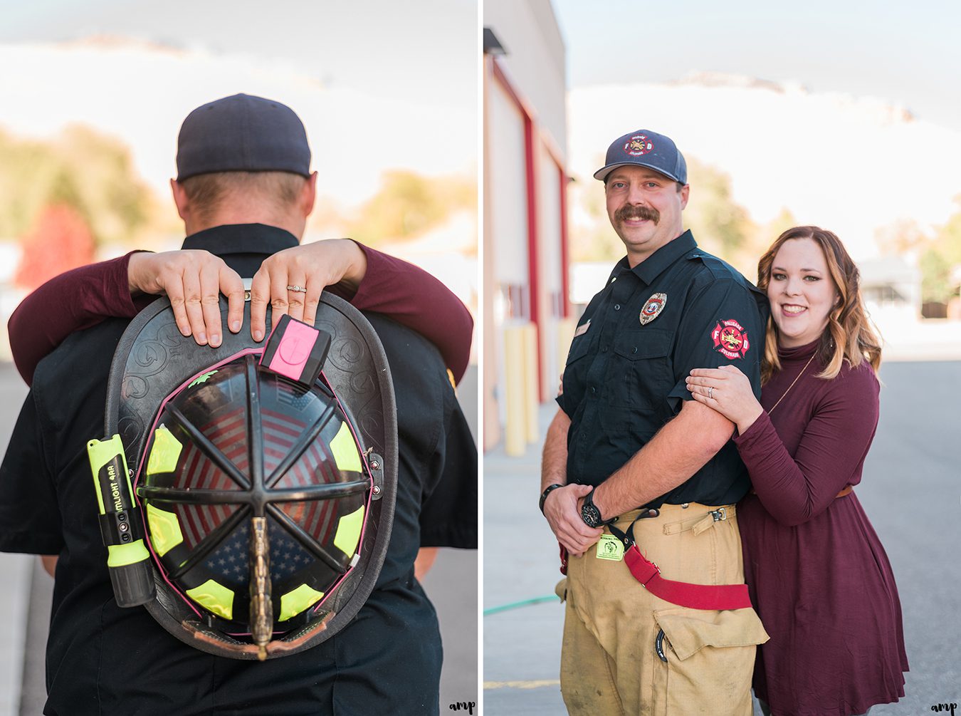 Showing off the engagement ring with a firefighter hat