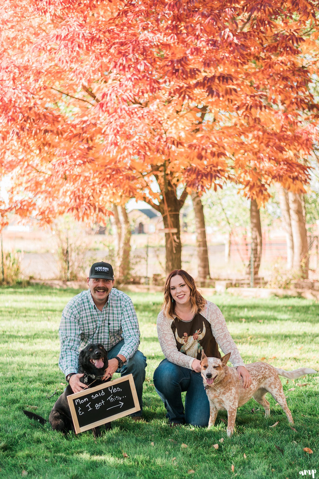 Couple with their two dogs, one holding a sign saying "Mom said yes, I got this"